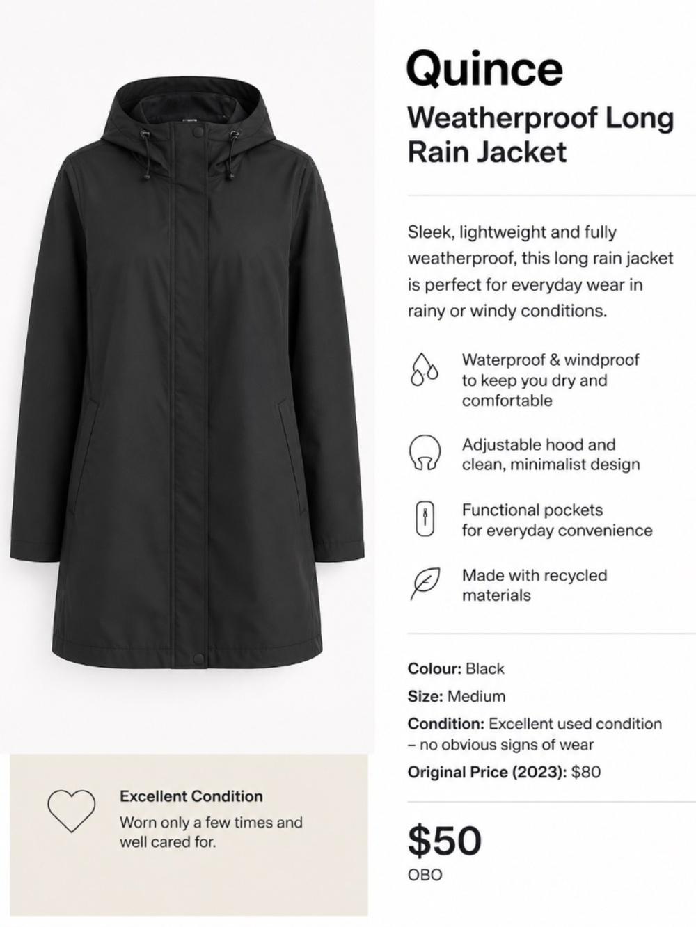 Quince Weatherproof Long Rain Jacket – Black – Medium – Excellent Condition